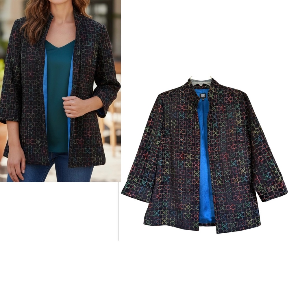 Gump’s San Francisco Multicolor Woven Open Front Blazer Jacket Size Small Y2K
